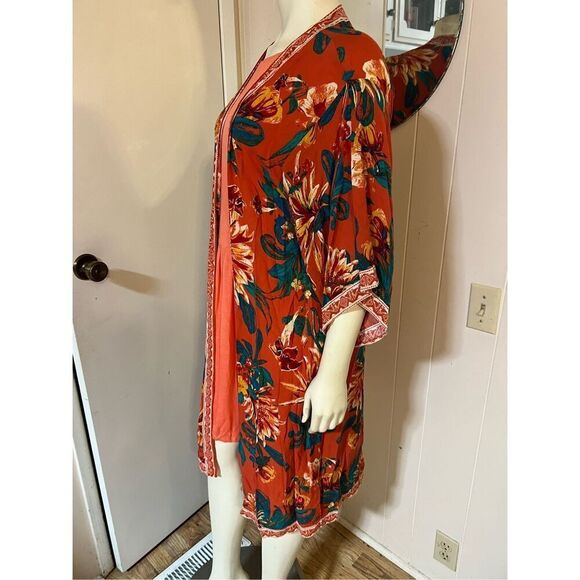 Flying Tomato Orange Floral Rayon Cover-Up Kimono Duster Size S - Picture 3 of 5